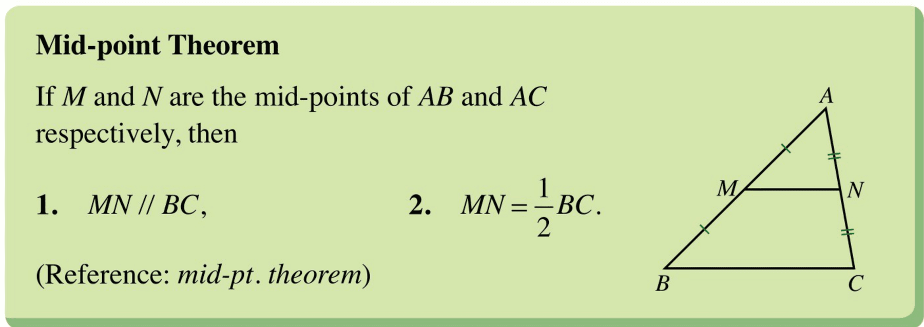 Source diagram for the midpoint theorem showing M and N as midpoints of AB and AC, MN parallel BC, and MN equal to one half of BC.