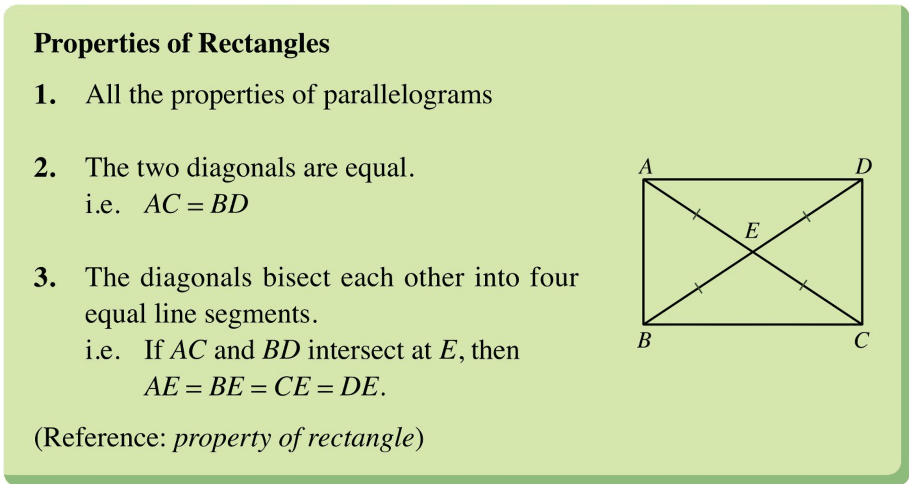 Source diagram listing the properties of rectangles with equal diagonals AC and BD and equal segments AE, BE, CE, and DE.
