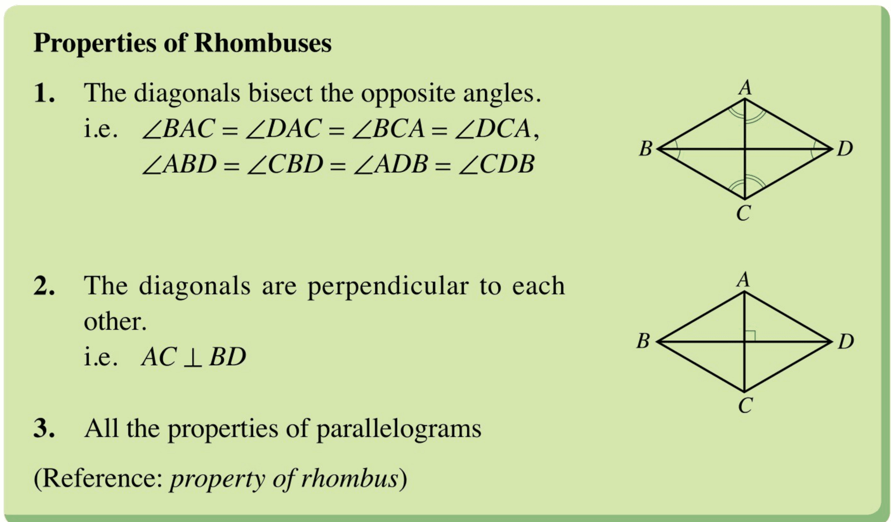 Source diagram listing the properties of rhombuses: diagonals bisect opposite angles, diagonals are perpendicular, and rhombuses have all parallelogram properties.